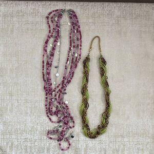 Kohls Costume Jewlery Two Necklaces Purple & Silver/Green/Brown & Gold Beads EUC